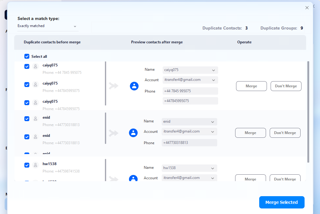 elige fusionar seleccionado para iniciar el proceso