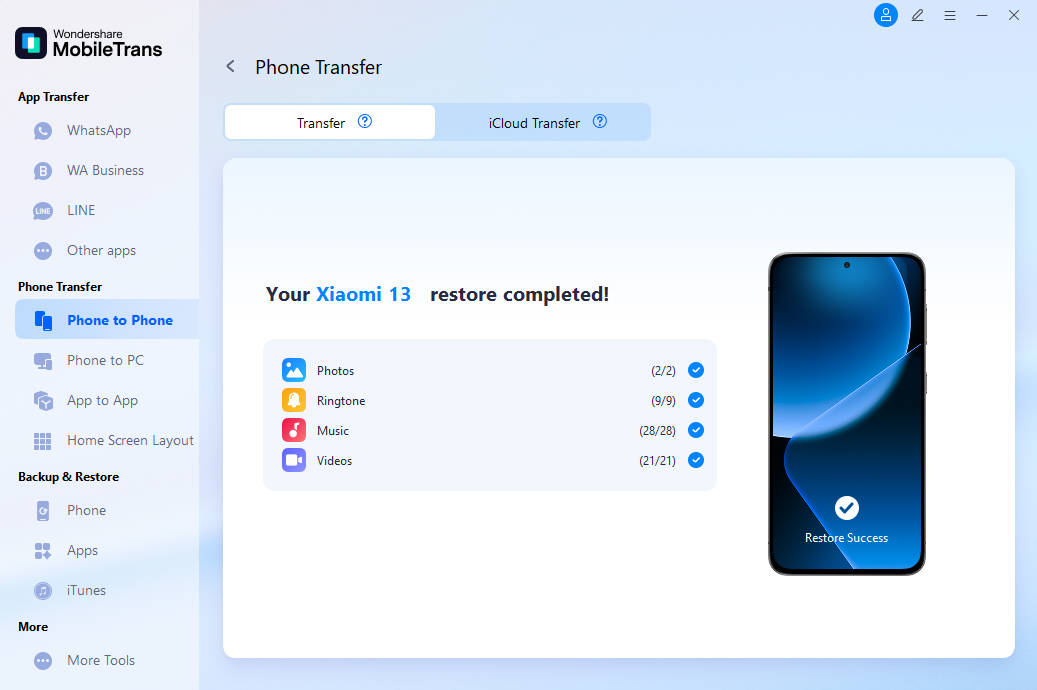 mobiletrans phone transfer data completed