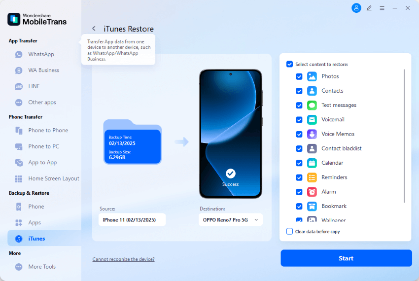 restore itunes backup with mobiletrans
