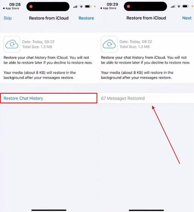 tap restore chat history iphone