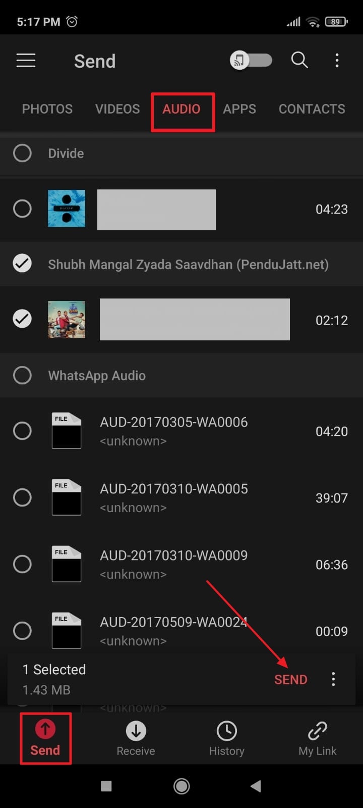 send selected music via send anywhere