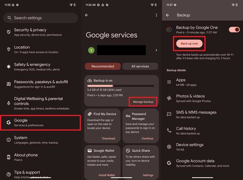 manage google backup on android
