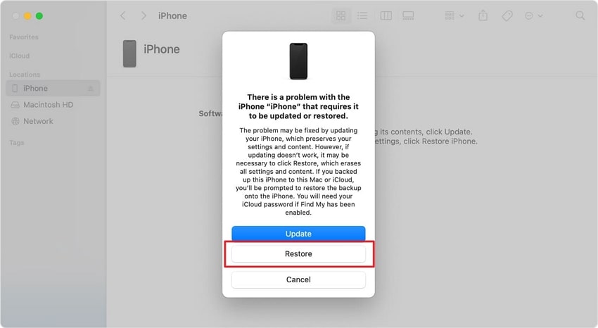 choose restore or update button finder