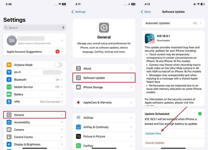 update ios software using general settings